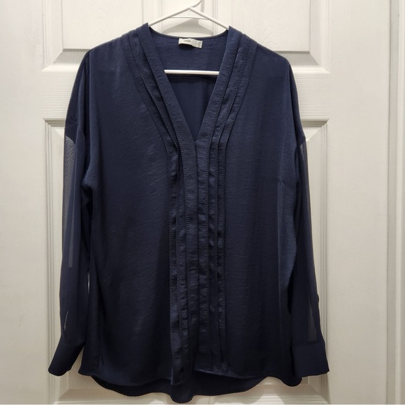 Vince Navy Satin V-Neck Pleated Front Blouse - Picture 3 of 5